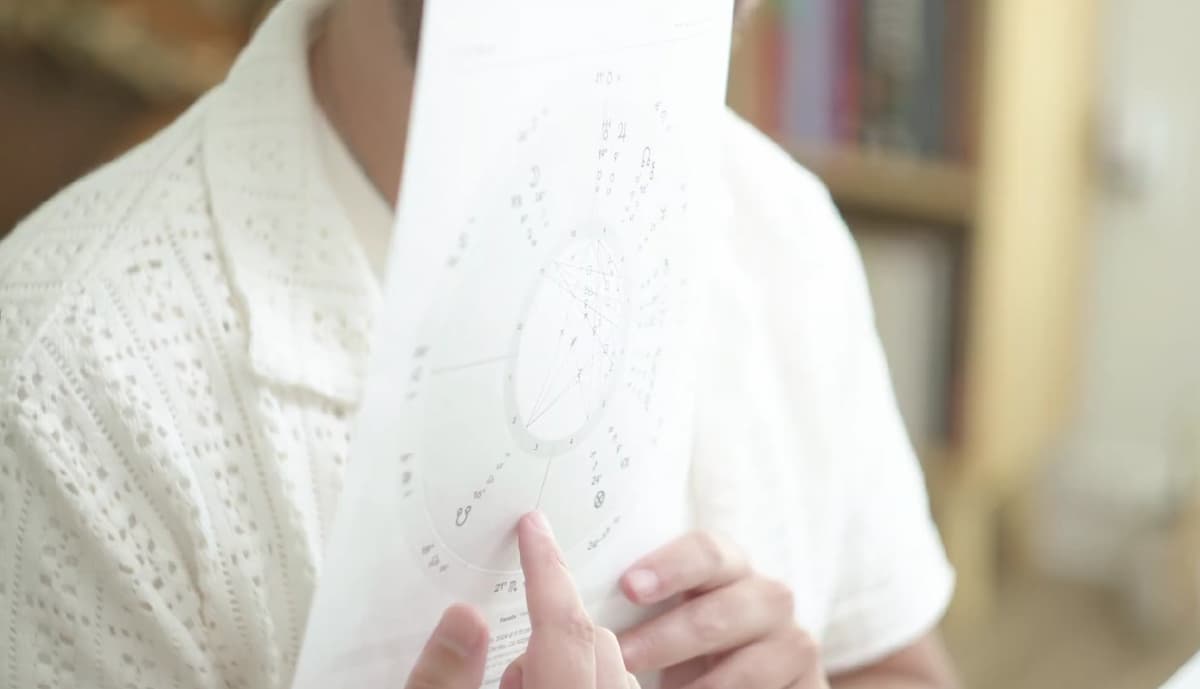 Close-up of a hand-annotated natal chart printout